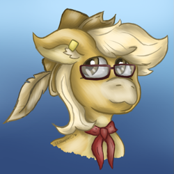 Size: 767x767 | Tagged: safe, artist:lil_vampirecj, oc, oc only, oc:cider foam, earth pony, pony, bust, ear piercing, earring, feather, glasses, hat, jewelry, looking at you, necktie, piercing, portrait, smiling, smiling at you, solo