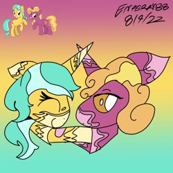 Size: 2048x2048 | Tagged: safe, artist:enperry88, citrine spark, fire flicker, pony, unicorn, g4, coat markings, duo, duo female, female, friendship student, happy, high res, holding hooves, i ship it, lesbian, looking at each other, looking at someone, love, mare, pinto, quackerdorable, ship:citrineflicker, shipping, shipping fuel, smiling, socks (coat markings)