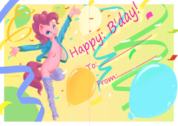 Size: 1280x905 | Tagged: safe, artist:deiviantart, artist:stratodraw, pinkie pie, human, anthro, unguligrade anthro, g4, arms in the air, balloon, clothes, confetti, equine, from:, gift art, hand, happy, happy bday, happy birthday, hoodie, hooves, socks, solo, streamers, to