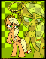 Size: 1314x1702 | Tagged: safe, artist:xxv4mp_g4z3rxx, applejack, earth pony, pony, g4, applejack's hat, blonde mane, blonde tail, cowboy hat, female, green eyes, hair tie, hat, lasso, mare, rope, signature, solo, standing on two hooves, tail