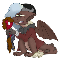 Size: 2200x2200 | Tagged: safe, artist:grandfinaleart, oc, oc only, oc:mahogany teakwood, oc:rusty nail, dragon, pegasus, pony, fallout equestria, armor, beanie, beanie hat, brown eyes, brown hair, brown mane, clothes, crying, digital art, dragon oc, dragon wings, dragoness, duo, duo male and female, facial hair, fangs, female, folded wings, goatee, green eyes, hat, horns, jacket, male, nervous, nervous sweat, non-pony oc, pegasus oc, red fur, simple background, sitting, size difference, spread wings, stallion, sweat, teary eyes, transparent background, unshorn fetlocks, wings