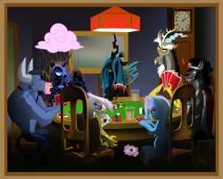 Size: 1500x1200 | Tagged: safe, artist:joellethenose, discord, gilda, iron will, king sombra, nightmare moon, queen chrysalis, trixie, alicorn, changeling, draconequus, griffon, pony, unicorn, ace of spades, annoyed, antagonist, chair, cheating, chocolate, chocolate milk, chocolate rain, cloud, crown, dogs playing poker, evil grin, eyes closed, female, food, grin, indoors, interior, jewelry, laughing, magic, male, mare, milk, nose piercing, open mouth, piercing, playing card, poker, rain, regalia, septum piercing, smiling, smirk, table, telekinesis, villains of equestria