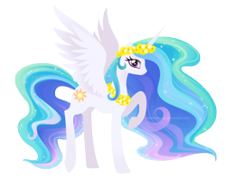 Size: 1200x1000 | Tagged: safe, artist:joellethenose, princess celestia, alicorn, pony, female, flower, lei, lineless, looking at you, mare, profile, raised hoof, raised leg, simple background, smiling, solo, spread wings, transparent background, wings