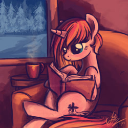 Size: 960x960 | Tagged: safe, artist:joellethenose, oc, oc only, oc:cerise, pony, unicorn, book, couch, female, forest, mare, mug, reading, snow, solo, winter