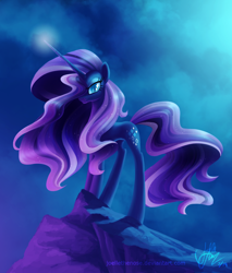 Size: 1440x1691 | Tagged: safe, artist:joellethenose, nightmare rarity, pony, unicorn, cloud, female, glowing, glowing horn, horn, ledge, lidded eyes, looking at you, mare, night, signature, slit pupils, smiling, solo, standing, wingding eyes