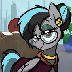 Size: 2048x2048 | Tagged: safe, artist:pfeffaroo, oc, oc only, oc:stratus stream, pegasus, pony, city, clothes, ear piercing, earring, eyeshadow, female, glasses, high res, jewelry, makeup, mare, piercing, plant, robe, smiling, smirk, solo