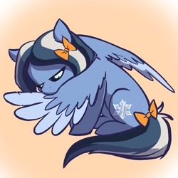 Size: 2048x2048 | Tagged: safe, artist:pfeffaroo, oc, oc only, pegasus, pony, bow, gradient background, grooming, high res, preening, sitting, solo, spread wings, tail, tail bow, wings