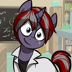 Size: 2048x2048 | Tagged: safe, artist:pfeffaroo, oc, oc only, oc:bunsen beaker, pony, unicorn, chalkboard, clothes, high res, lab coat, laboratory, looking at you, male, solo, stallion