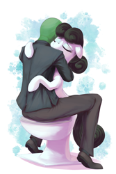 Size: 2000x3000 | Tagged: safe, artist:thebatfang, oc, oc:anon, oc:kohlette, object pony, original species, pony, toilet pony, abstract background, blursed image, but why, clothes, eyes closed, high res, hug, hugging a pony, lap sitting, ponified, rule 85, smiling, suit, toilet, wat