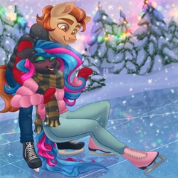 Size: 4096x4096 | Tagged: safe, artist:irinamar, oc, oc only, oc:neighrator pony, oc:obabscribbler, anthro, plantigrade anthro, christmas, christmas lights, clothes, duo, eyeshadow, female, holiday, ice skates, makeup, male, mittens, scribblerator, shipping, skating, straight, winter, winter outfit