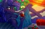 Size: 4096x2662 | Tagged: safe, artist:irinamar, princess luna, alicorn, anthro, unguligrade anthro, alcohol, breasts, cleavage, clothes, dress, glass, present, wine, wine glass, ych example, your character here