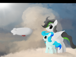 Size: 2160x1620 | Tagged: safe, artist:xdamny, oc, oc:piva storm, pegasus, pony, airship, blushing, butt, cloud, female, filly, foal, mare, plot, zeppelin