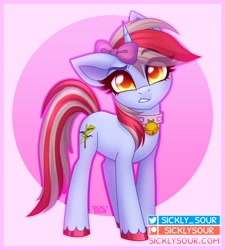 Size: 891x988 | Tagged: safe, artist:sickly-sour, oc, oc only, oc:cinnamon lightning, pony, unicorn, bell, cat bell, eye clipping through hair, eyebrows, eyebrows visible through hair, eyelashes, female, female oc, horn, mare, mare oc, pony oc, raised eyebrow, solo, unicorn oc