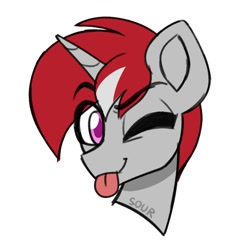 Size: 2000x2000 | Tagged: safe, artist:sickly-sour, oc, oc only, pony, unicorn, bust, eye clipping through hair, eyebrows, eyebrows visible through hair, high res, raspberry, simple background, smiling, solo, tongue out, white background