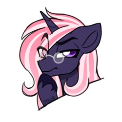 Size: 2000x2000 | Tagged: safe, artist:sickly-sour, oc, oc only, pony, unicorn, bust, eye clipping through hair, eyebrows, eyebrows visible through hair, high res, raised eyebrow, simple background, solo, suspicious, white background