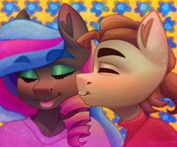 Size: 3000x2500 | Tagged: safe, artist:irinamar, oc, oc only, oc:neighrator pony, oc:obabscribbler, anthro, blushing, cheek kiss, clothes, eyes closed, eyeshadow, female, high res, kissing, makeup, male, scribblerator, shipping, straight, sweater, sweatshirt, tongue out