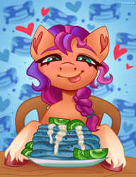 Size: 2300x3000 | Tagged: safe, artist:irinamar, sunny starscout, earth pony, pony, g5, abstract background, female, food, heart, heart ears, high res, mare, pancakes, solo, tongue out, wat