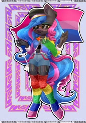 Size: 2800x4000 | Tagged: safe, artist:irinamar, oc, oc only, oc:obabscribbler, anthro, unguligrade anthro, bisexual pride flag, clothes, multicolored mane, pride, pride flag, shorts, socks, solo, sunglasses