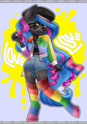 Size: 2800x4000 | Tagged: safe, artist:irinamar, oc, oc only, oc:obabscribbler, anthro, unguligrade anthro, bisexual pride flag, clothes, jacket, pride, pride flag, pride socks, rainbow socks, shorts, socks, solo, striped socks, sunglasses