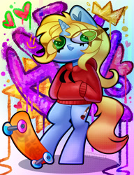 Size: 2300x3000 | Tagged: safe, artist:irinamar, oc, oc only, oc:art's desire, unicorn, semi-anthro, clothes, graffiti, heart ears, high res, hoodie, skateboard, solo