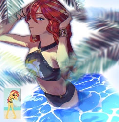 Size: 1752x1795 | Tagged: safe, artist:ceitama, sunset shimmer, human, equestria girls, g4, bare shoulders, belly button, clothes, female, human coloration, screencap reference, sleeveless, solo, sunset shimmer's beach shorts swimsuit, swimsuit, wading, water, water droplet, wet, wet hair