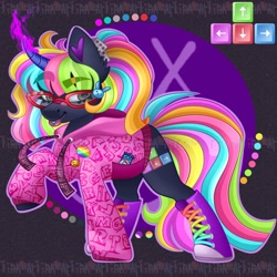 Size: 2000x2000 | Tagged: safe, artist:irinamar, oc, oc only, pony, unicorn, :p, bandaid, bandaid on nose, clothes, eyebrows, eyebrows visible through hair, glasses, heart ears, high res, hoodie, hoof boots, multicolored mane, multicolored tail, piercing, raised hoof, solo, tail, tongue out, tongue piercing