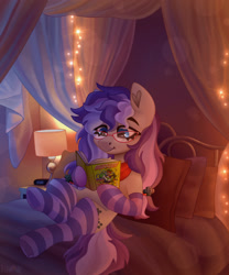 Size: 2500x3000 | Tagged: safe, artist:irinamar, oc, oc only, oc:cinnabyte, earth pony, pony, bed, bedroom, book, clothes, glasses, high res, lamp, pillow, reading, socks, solo, string lights, striped socks