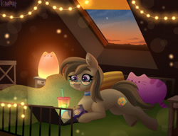 Size: 3000x2300 | Tagged: safe, artist:irinamar, oc, oc only, oc:dawnsong, earth pony, pony, cat lamp, chips, computer, drink, food, glasses, high res, laptop computer, solo, string lights