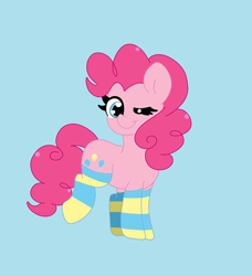 Size: 2448x2682 | Tagged: safe, artist:cinematic-fawn, pinkie pie, pony, g4, blue background, clothes, high res, one eye closed, simple background, socks, solo, striped socks, wink