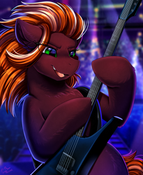 Size: 1446x1764 | Tagged: safe, artist:pridark, oc, oc only, earth pony, pony, bust, commission, electric guitar, guitar, musical instrument, portrait, rocker, signature, solo