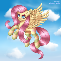 Size: 2700x2700 | Tagged: safe, artist:ingolf arts, fluttershy, pegasus, pony, g4, chest fluff, clothes, cloud, ear fluff, eye reflection, female, flying, high res, looking at you, mare, reflection, sky, socks, solo, spread wings, striped socks, wings