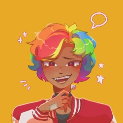 Size: 2000x2000 | Tagged: safe, artist:melancholic_may, rainbow dash, human, g4, bandage, choker, clothes, eyebrow piercing, eyebrows, eyebrows visible through hair, high res, humanized, jacket, piercing, simple background, solo