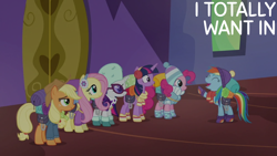 Size: 1920x1080 | Tagged: safe, edit, edited screencap, editor:quoterific, screencap, applejack, fluttershy, pinkie pie, rainbow dash, rarity, twilight sparkle, alicorn, earth pony, pegasus, pony, unicorn, dungeons and discords, g4, season 6, ^^, applejack's hat, clothes, cowboy hat, cute, dashabetes, eyes closed, female, hat, mane six, mare, open mouth, open smile, raised hoof, rpg, smiling, text, twilight sparkle (alicorn), twilight's castle, winter outfit