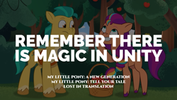Size: 1920x1080 | Tagged: safe, edit, edited screencap, editor:quoterific, screencap, hitch trailblazer, sunny starscout, earth pony, pony, g5, lost in translation (episode), my little pony: tell your tale, spoiler:g5, spoiler:my little pony: tell your tale, spoiler:tyts01e19, duo, duo male and female, female, grin, male, mane stripe sunny, mare, smiling, stallion, text