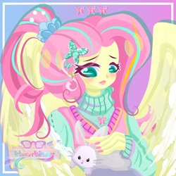 Size: 800x800 | Tagged: safe, artist:windywendy29, angel bunny, fluttershy, human, rabbit, g4, alternate hairstyle, angel is a bunny bastard, animal, blushing, clothes, cute, female, humanized, nail polish, petting, pony coloring, shyabetes, solo, sweater, sweatershy, winged humanization, wings
