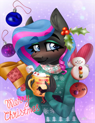 Size: 3100x4000 | Tagged: safe, artist:irinamar, oc, oc only, anthro, chocolate, christmas, christmas ornament, christmas sweater, clothes, decoration, eyebrows, eyebrows visible through hair, female, food, holiday, holly, hot chocolate, mare, marshmallow, merry christmas, mug, solo, sweater