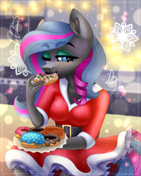 Size: 2000x2500 | Tagged: safe, artist:irinamar, oc, oc only, oc:obabscribbler, anthro, christmas, donut, food, high res, holiday, solo
