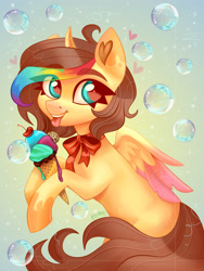 Size: 3000x4000 | Tagged: safe, artist:irinamar, oc, oc only, alicorn, pony, alicorn oc, brown mane, brown tail, bubble, coat markings, color ears, colored pupils, colored wings, eye clipping through hair, eyebrows, eyebrows visible through hair, female, food, heart, heart ears, heart eyes, horn, ice cream, ice cream cone, leg hold, looking at you, mare, multicolored hair, rainbow hair, ribbon, solo, tail, tongue out, two toned wings, wingding eyes, wings