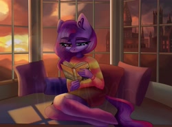 Size: 4096x3031 | Tagged: safe, artist:irinamar, oc, oc only, earth pony, anthro, unguligrade anthro, book, castle, clothes, earth pony oc, heterochromia, pillow, reading, shirt, solo, striped shirt, watermark, window