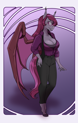 Size: 1720x2729 | Tagged: safe, artist:blackblood-queen, oc, oc only, oc:magenta scroll, bat pony, anthro, unguligrade anthro, anthro oc, bat pony oc, big breasts, breasts, clothes, commission, fangs, female, freckles, glasses, mare, pants, shirt, slit pupils, smiling