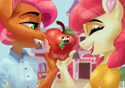 Size: 1600x1120 | Tagged: safe, artist:irinamar, apple bloom, babs seed, earth pony, worm, anthro, g4, apple, barn, cousins, eyes closed, female, food, freckles