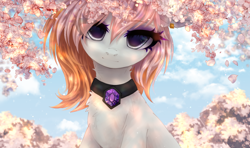 Size: 2000x1185 | Tagged: safe, alternate character, alternate version, artist:avrameow, oc, oc only, oc:burning plage, earth pony, pony, cherry blossoms, cherry tree, chest fluff, choker, cloud, ear piercing, earring, eyeshadow, female, gem, jewelry, looking at you, makeup, mare, neck fluff, piercing, sky, solo, tree