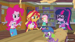 Size: 640x360 | Tagged: safe, screencap, fluttershy, pinkie pie, rarity, sci-twi, spike, spike the regular dog, sunset shimmer, twilight sparkle, bird, dog, human, owl, equestria girls, g4, my little pony equestria girls: legend of everfree, animated, bare shoulders, camp everfree outfits, clothes, eyes closed, female, fluttertree, gif, gifs.com, glasses, hairpin, male, ponytail, sleeveless, tank top