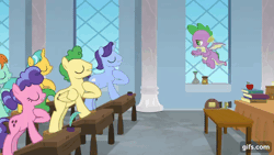 Size: 640x360 | Tagged: safe, screencap, spike, dragon, earth pony, pegasus, pony, unicorn, g4, marks for effort, season 8, animated, eyes closed, female, flying, gif, gifs.com, male, mare, open mouth, school of friendship, smiling, spread wings, stallion, winged spike, wings