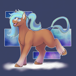 Size: 1500x1500 | Tagged: safe, artist:sursiq, oc, oc only, oc:pena, earth pony, pony, abstract background, accessory, artfight, chest fluff, ear fluff, ear piercing, earring, full body, galaxy, glasses, happy, hooves, jewelry, nonbinary, open mouth, piercing, ponytail, raised hoof, shading, solo, stars, unshorn fetlocks
