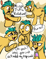 Size: 2331x2974 | Tagged: safe, artist:doodledonutart, hitch trailblazer, earth pony, pony, g5, card, cute, dialogue, exclamation point, floppy ears, french, hitchbetes, male, multeity, sketch, speech bubble, stallion, trap card