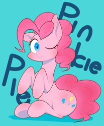 Size: 1913x2313 | Tagged: safe, artist:noupu, pinkie pie, earth pony, pony, blue background, female, floppy ears, looking at you, mare, one ear down, one eye closed, simple background, sitting, smiling, smiling at you, solo, wink, winking at you