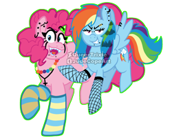 Size: 2500x2000 | Tagged: safe, artist:queertrixie, pinkie pie, rainbow dash, earth pony, pegasus, pony, g4, alternate hairstyle, clothes, duo, duo female, female, fishnet stockings, grin, high res, jewelry, lesbian, makeup, obtrusive watermark, piercing, punk, scenecore, sharp teeth, ship:pinkiedash, shipping, simple background, smiling, socks, stockings, striped socks, teeth, thigh highs, transparent background, watermark