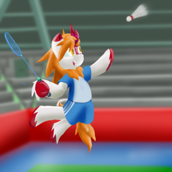 Size: 1024x1024 | Tagged: safe, artist:dianetgx, oc, oc:karenina senna, kirin, arena, badminton, jumping, kirin oc, smiling, sports outfit