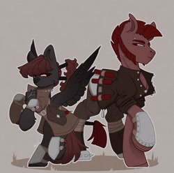 Size: 2560x2542 | Tagged: safe, artist:tttips!, oc, oc only, earth pony, pegasus, pony, fallout equestria, armor, bag, bandage, beard, belt, buttons, dynamite, earth pony oc, explosives, eyebrow piercing, facial hair, father and child, father and daughter, female, high res, male, mercenary, pegasus oc, piercing, red eyes, red hair, spiked wristband, spread wings, torn ear, wings, wristband